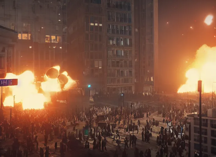 Image similar to crowd of working citizens protests war being dispersed by police while missles and bombs explode buildings in the city, DSLR 35mm, by WLOP and Aleksandr Deyneka and Andrei Popov, Unreal Engine 5, Lumen, Nanite