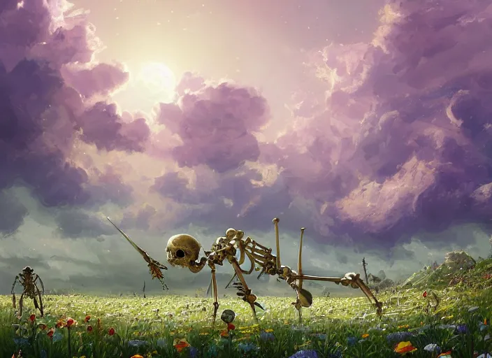 Image similar to a knight's skeleton killed long ago lays in a vast flower field in the cosmic sky by vladimir volegov and alexander averin and peder mørk mønsted and ross tran and raphael lacoste