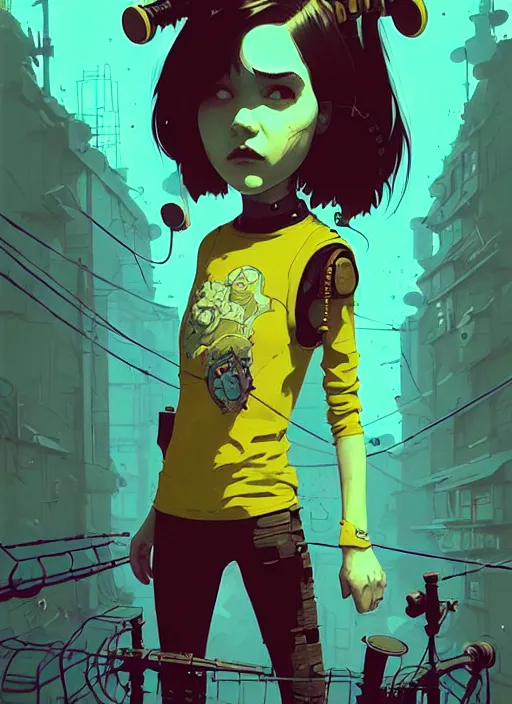 Image similar to highly detailed portrait of a sewer punk young lady by atey ghailan, james gilleard, by joe fenton, by greg rutkowski, by greg tocchini, by kaethe butcher, 4 k resolution, gradient yellow, black, brown and cyan color scheme, grunge aesthetic!!! ( ( dystopian graffiti tag wall in background ) )