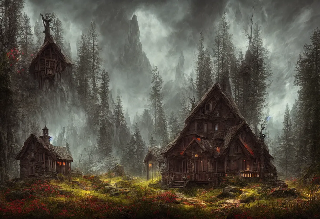 Prompt: eerie cottage in demonic woods, colorfully ominous mountains background, hyper realism, matte painting, realistic, dramatic lighting, octane render, highly detailed, cinematic lighting, cinematic, volumetric, by rutkowsky and gerald brom and frazetta and rembrandt