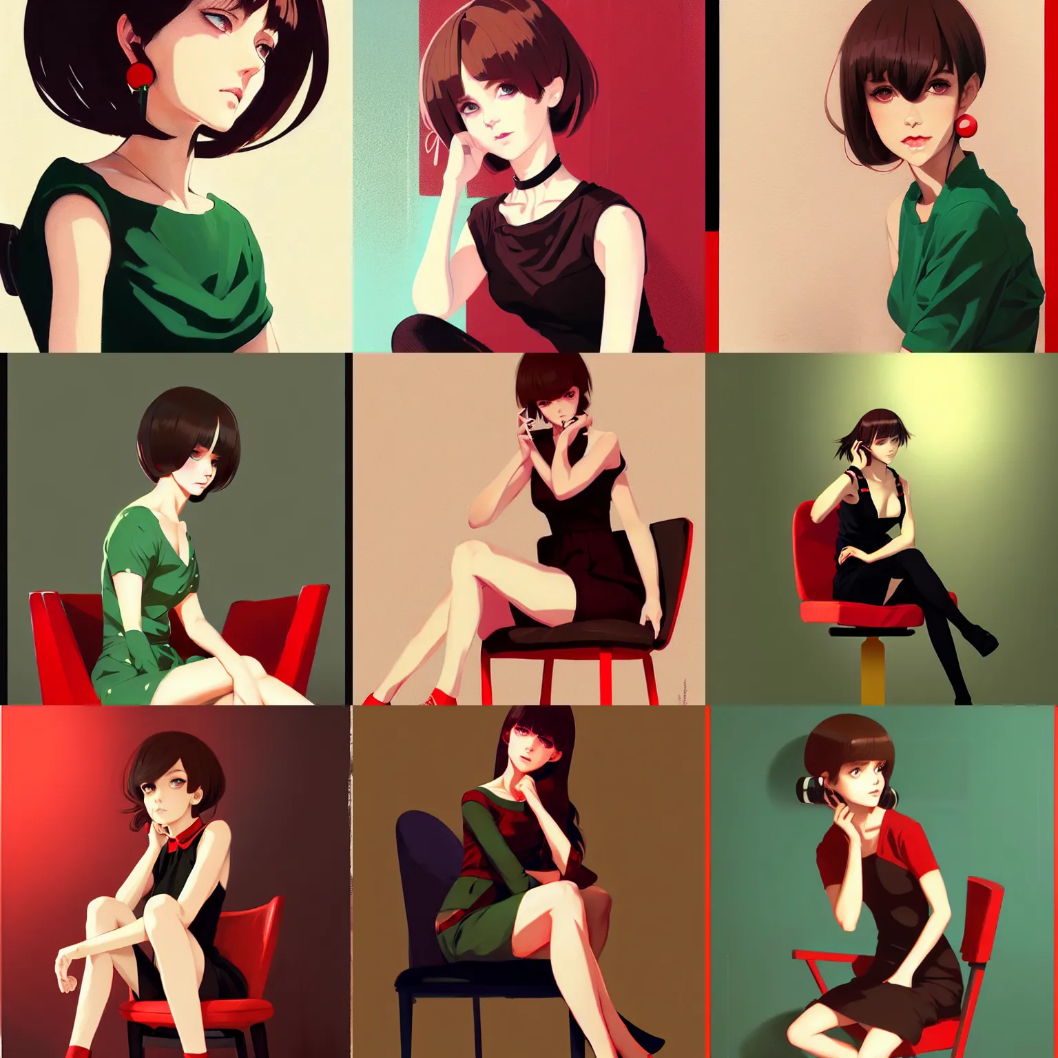 Prompt: gorgeous woman with brown hair and green eyes, wearing an elegant dress, shorts earring, sitting in a chair, painted with red and black color palette, in the style of and ilya kuvshinov and greg rutkowski, high quality anime artstyle, intricate