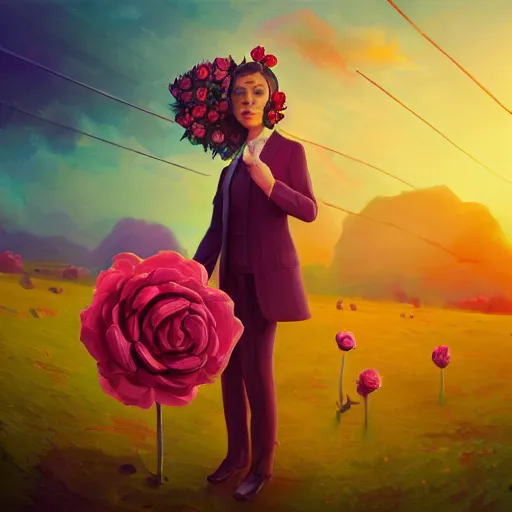 Prompt: closeup, giant rose flower under head, frontal, girl in a suit, surreal photography, sunrise, dramatic light, impressionist painting, digital painting, artstation, simon stalenhag