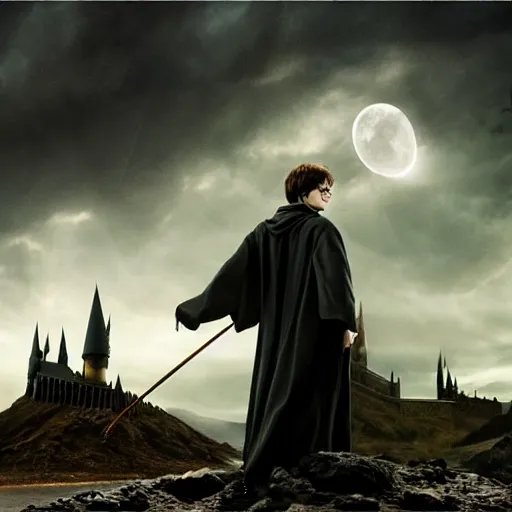 Image similar to Harry potter standing and casting a wand, back view, thunderclouds, cinematic shot, wide shot, epic scale, waving robe movement, photorealistic detail and quality, intricate ground stone, magical sigils, floating particle effects, movie still, nighttime, crescent moon, sharp and clear, action shot, intense scene, visually coherent, symmetry, rule of thirds, movement, photorealistic colors, cool colors transitioning to warm colors, award winning, directed by Steven Spielberg, Christopher Nolan, Tooth Wu, Asher Duran, Greg Rutkowski