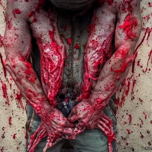 Image similar to ultra detailed photo of a man with many bloody arms covering his entire body