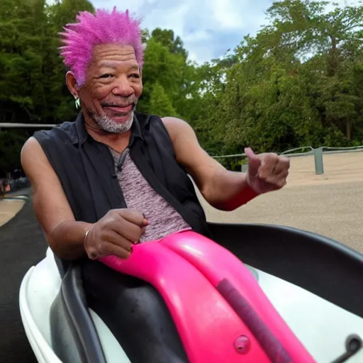 Image similar to morgan freeman with a pink mohawk and a nose ring riding a rollercoaster