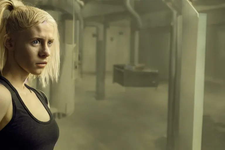 Image similar to still from a dystopian sci - fi movie, a young blond woman wearing a dirty tank top, exploring a dark dystopian lab, muted colors, very dark, medical equipment, 8 k, cinematic, dramatic lighting, very detailed face, hyperrealistic, movie still frame, promotional image, imax 7 0 mm footage