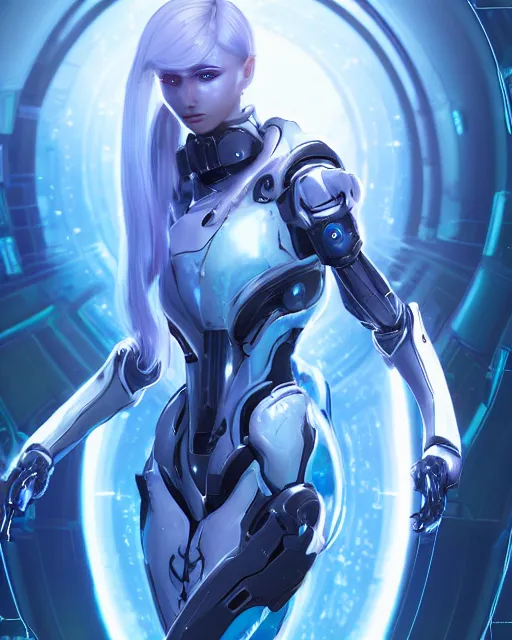 Image similar to perfect android girl on a mothership, warframe armor, beautiful face, scifi, futuristic, galaxy, nebula, raytracing, dreamy, long white hair, blue cyborg eyes, sharp focus, cinematic lighting, highly detailed, artstation, divine, by gauthier leblanc, kazuya takahashi, huifeng huang