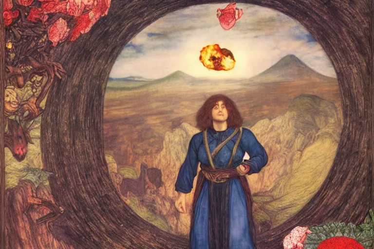 Prompt: a half - dragon warrior, standing in a volcano landscape, natural lighting, a small circle of flowers around him, very detailed, 8 k, by dante gabriel rossetti, artgerm