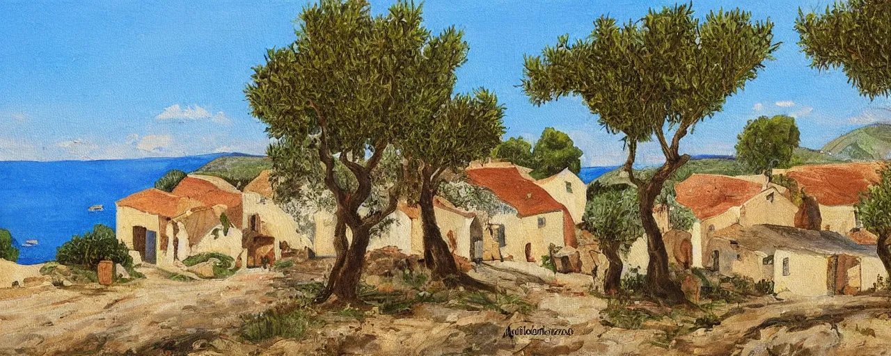 Prompt: painting_of_a_rural_French_medieval_village_by_the sea near olive trees by Aleksander_Rostov