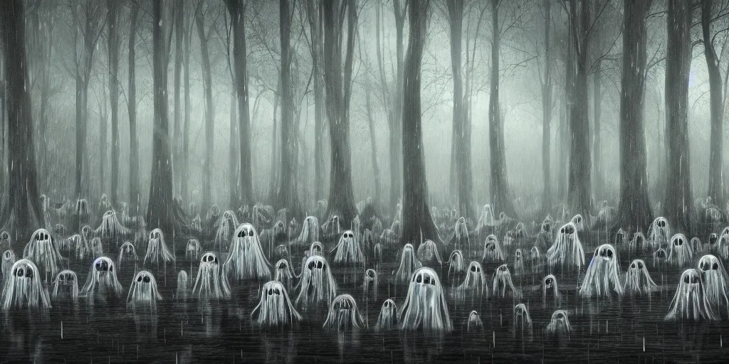 Image similar to a forest of weeping ghosts, carnival, playground, sad, dark, melancholy, night, rain, extremely, wide angle, super highly detailed, professional digital painting, artstation, concept art, smooth, sharp focus, no blur, no dof, extreme illustration, Unreal Engine 5, Photorealism, HD quality, 8k resolution, cinema 4d, 3D, beautiful, cinematic, art by artgerm and greg rutkowski and alphonse mucha and loish and WLOP