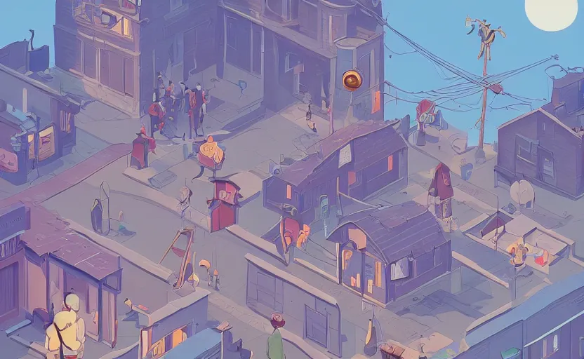 Image similar to townsmen meet the town detective to present a new case, moebius, james gilleard, print, game art