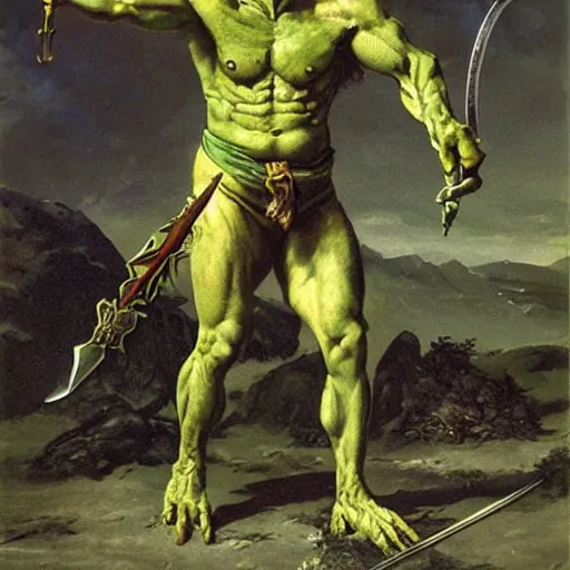 Image similar to dog - faced muscular goblin, ugly face, lizard tail, holding scimitar made of bone, scimitar, sword, jagged sword, curved sword, orkish sword, colorized, green skin, hyper - detailed, primeval fantasy, prehistoric fantasy, art by jacques - louis david