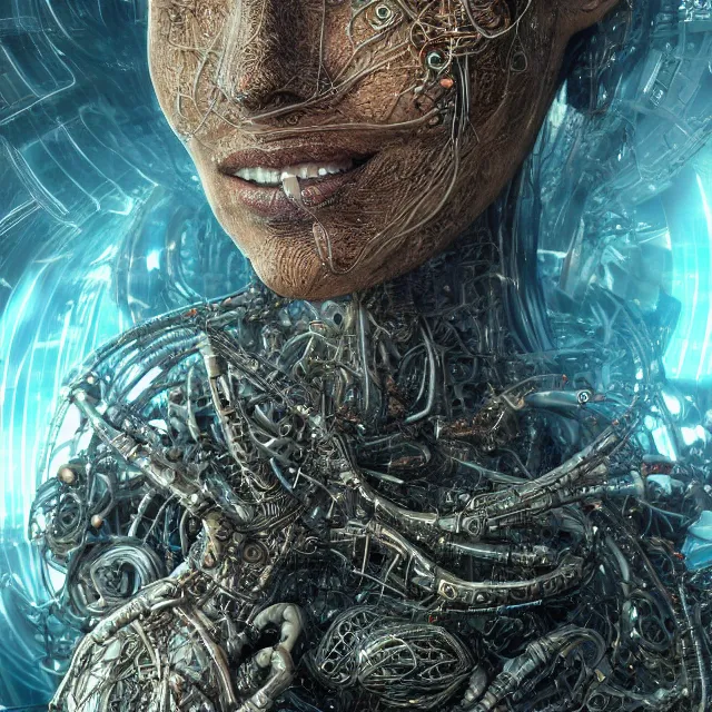 Image similar to timeless cybernetic deity with circuitry skin and networked mind tripping on acid, intricate detail, royo, whealan, giger, klimt, hd, octane render, unreal engine,