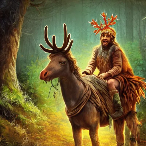 Image similar to hippie tribal hobo wearing twigs and leaves smiling sheepishly, riding tiny scuffy donkey with novelty oversized antlers, autumn forest, highly detailed, dramatic lighting, night time, cinematic, hyperrealistic, detailed, movie still from game of thrones