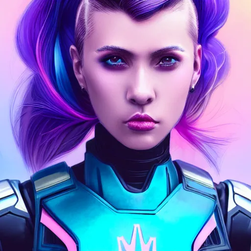 Image similar to a stunning upper body portrait of a beautiful young woman wearing futuristic navy blue and teal battle bodyarmor and pauldrons and ombre purple and pink hairstyle with hair blowing in the wind, by marvel comics, outrun, vaporware, highly detailed, fine detail, intricate, digital art, trending on artstation