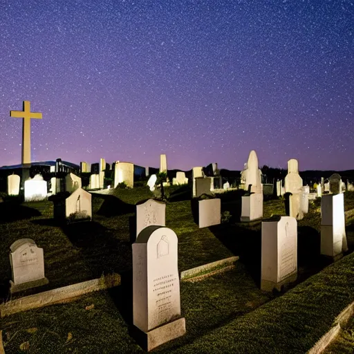 Prompt: photograph of a cementery at night, scultures, graves