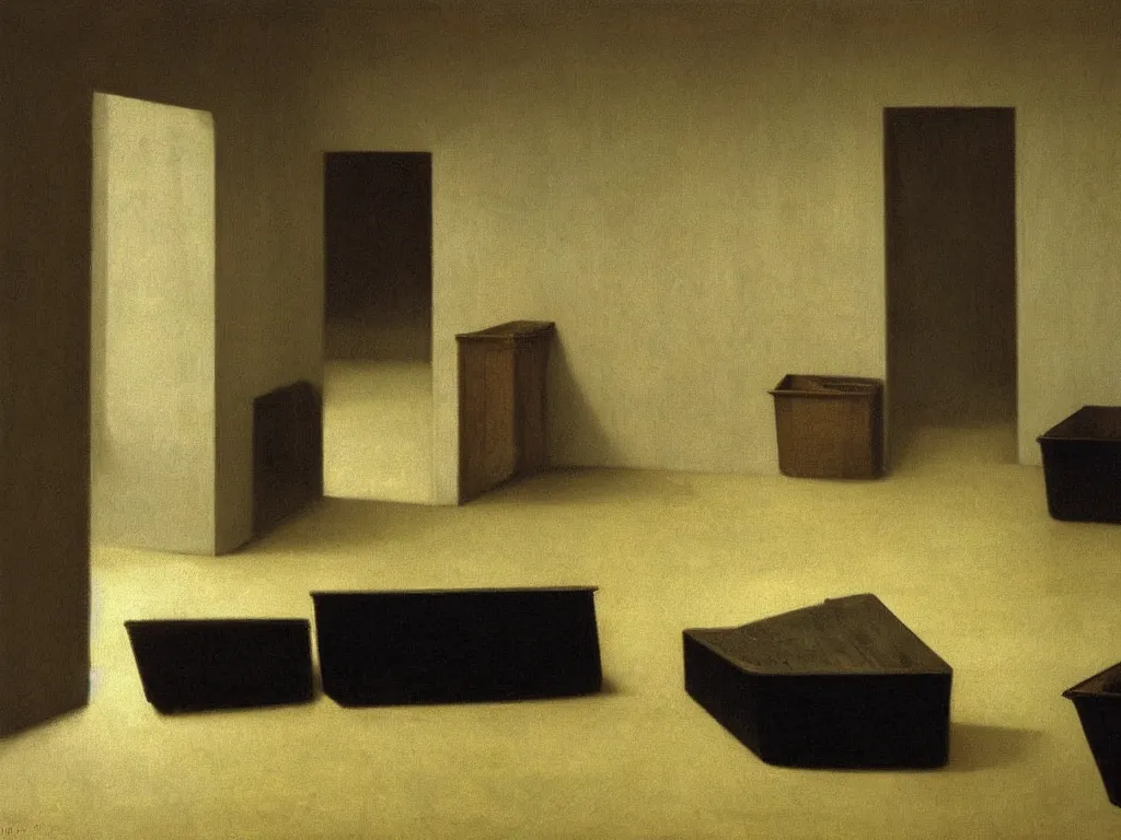 Prompt: Room full of dark coffins. Grazing, golden light, high contrast. Painting by Vilhelm Hammershoi, Morandi