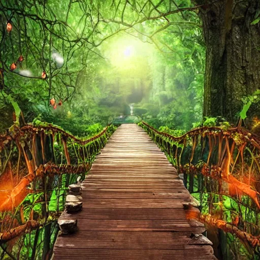 Prompt: professional digital art of a hidden library in a forest with wooden bridges, cozy, fairy lights, nature, plants, vines, bridges, ladders, pond, trickling water, stones, fantasy, high quality, hd, 4 k, 8 k