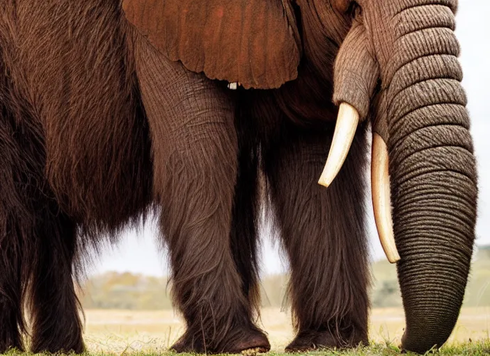 Image similar to closeup of a very wooly brown hairy mammoth, ((elephant)), mastodon, mammoth, detailed fur, zoo photography, National Geographic, HD,