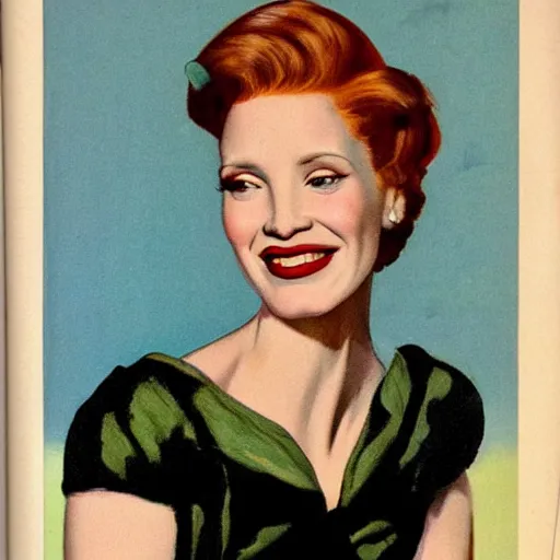 Image similar to “Jessica Chastain portrait, color vintage magazine illustration 1950”