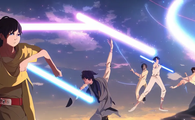 Prompt: a battle between Jedi, anime scene illustrated by Makoto Shinkai, digital art, vibrant 4k