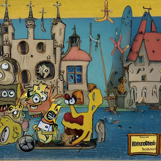 Prompt: SpongeBob and Patrick in the style of Hieronymus Bosch