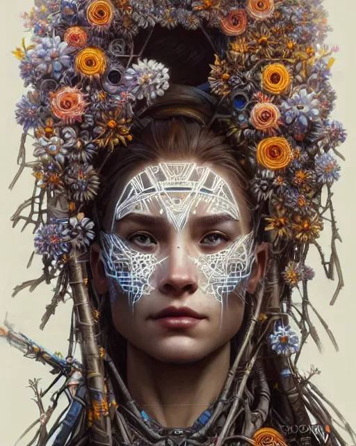 Image similar to symmetry!! portrait of a machine from horizon zero dawn, machine face, decorated with twigs and flowers, intricate, elegant, highly detailed, digital painting, artstation, concept art, smooth, sharp focus, illustration, art by artgerm and greg rutkowski and alphonse mucha, 8 k