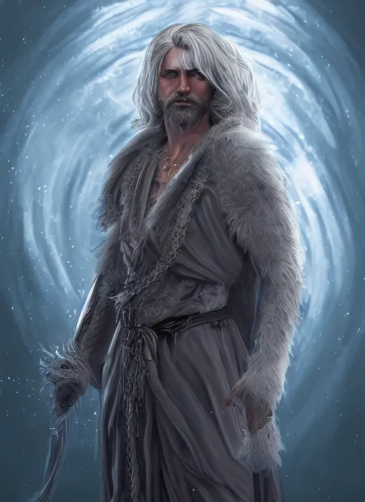 Prompt: an epic fantastic realism comic book style portrait painting of an aasimar warlock, male, shaggy silver hair, short brown beard, d & d concept art, unreal 5, daz, teal aesthetic, octane render, cosplay, rpg portrait, dynamic lighting