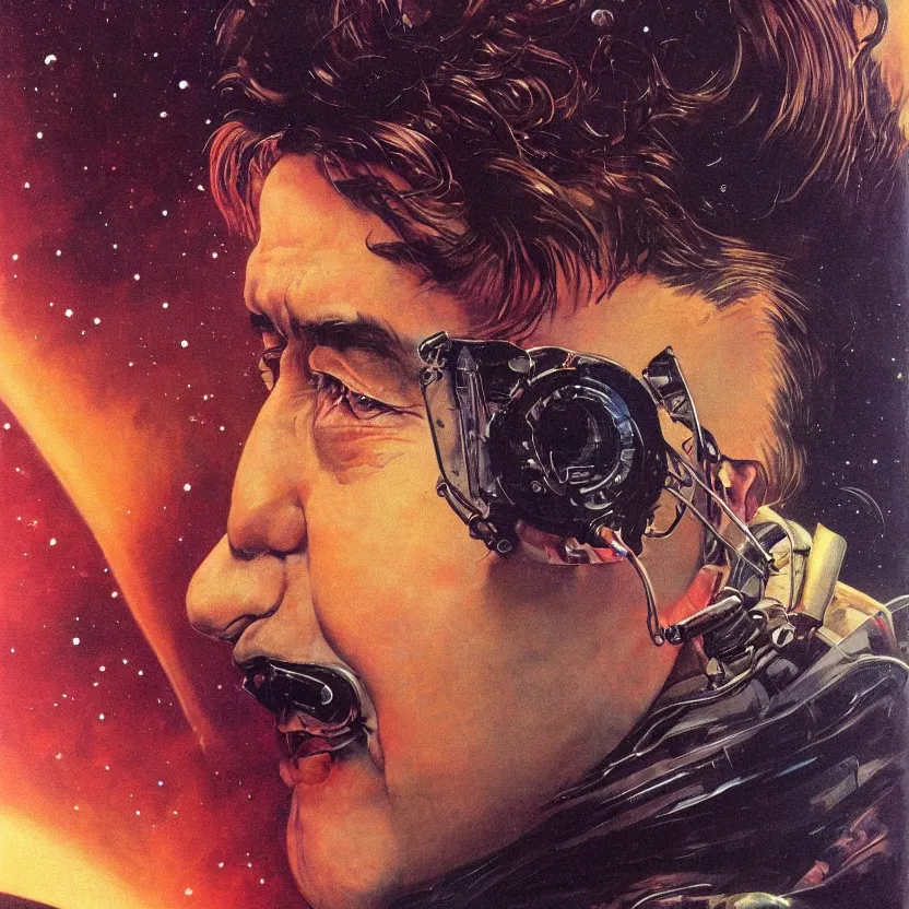 Image similar to a dark close - up portrait of retrofuturistic bill hicks in space. reflective detailed textures. soft gloomy dark background. highly detailed fantasy science fiction painting by moebius, norman rockwell, frank frazetta, and syd mead. rich colors, high contrast. artstation