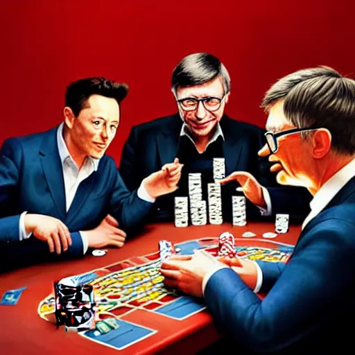 Prompt: UHD photorealistic Elon Musk playing poker with Satoshi Nakamoto, Klaus Schwab, and Bill Gates, hyperrealistic, correct details, studio lighting, symmetrical faces, accurate faces, by Greg Rutkowski