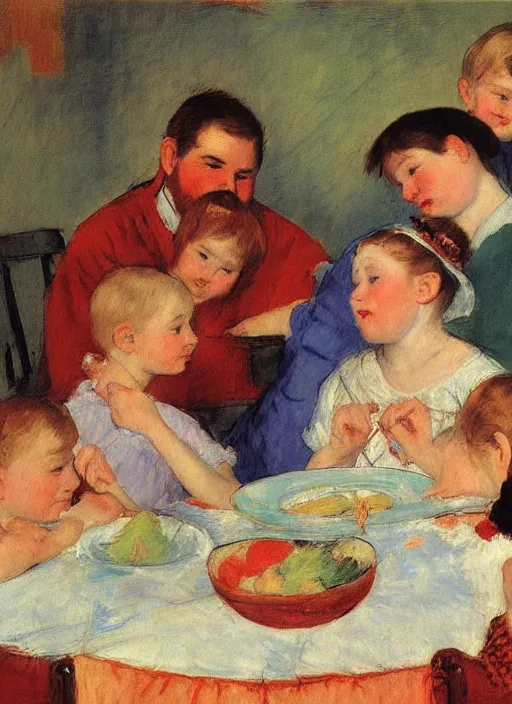 Prompt: vintage beautiful painting of the devastating supper in Mary Cassatt style