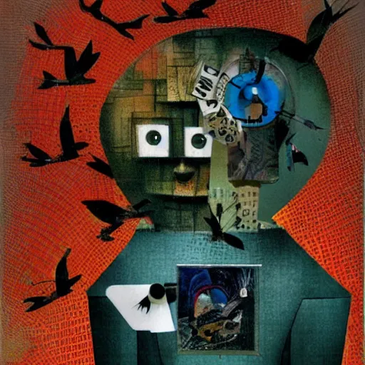 Image similar to a naive woman with a memory that survives the reset of the world, and a small robot bird on her shoulder, collage artwork by dave mckean and roberto matta