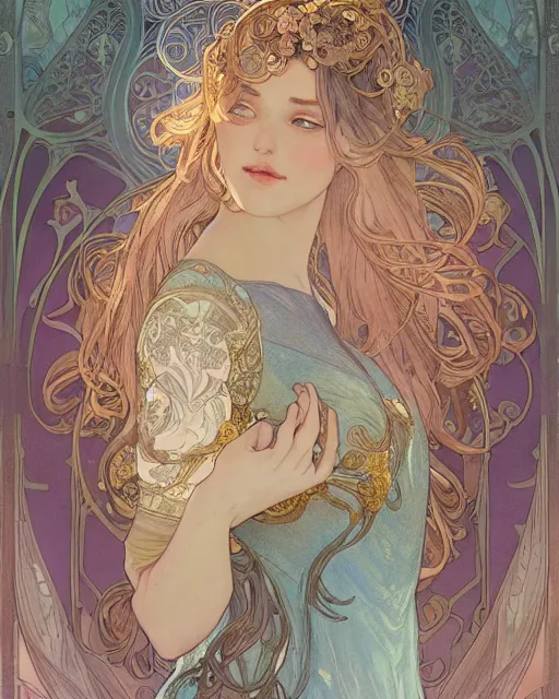 Prompt: secret romance | highly detailed | very intricate | art nouveau | gold filigree | romantic storybook fantasy | soft cinematic lighting | award - winning | disney concept art watercolor illustration by mandy jurgens and alphonse mucha and alena aenami | pastel color palette | featured on artstation