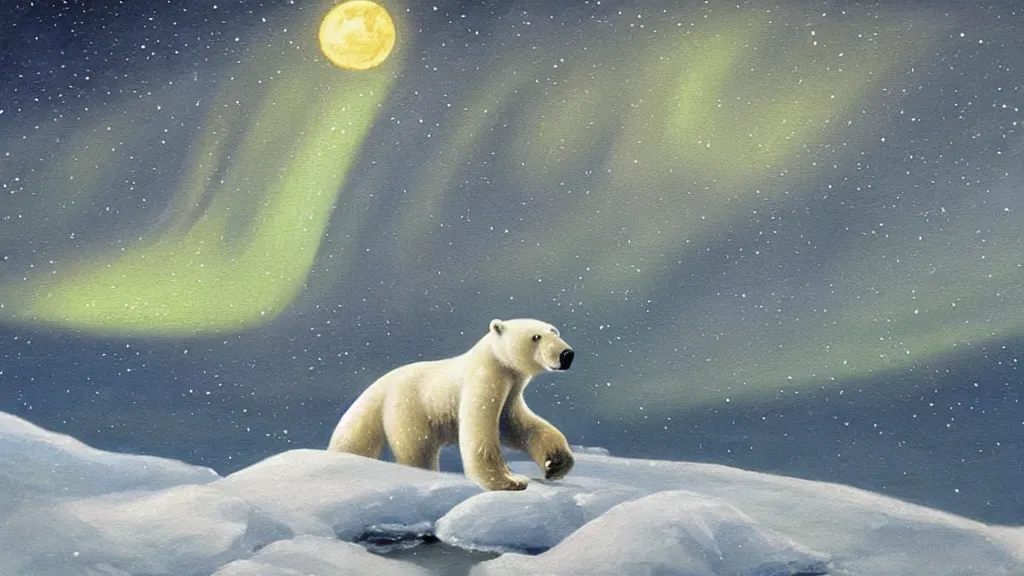 Image similar to an oil painting of a close - up polar bear traversing a snowy landscape at night, the northern lights and the moon are visible