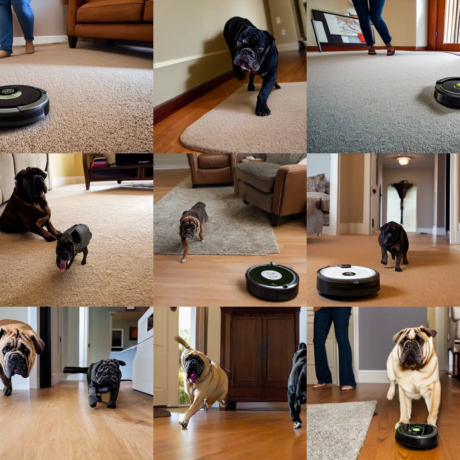 Prompt: Roomba chasing an English Mastiff around the living room