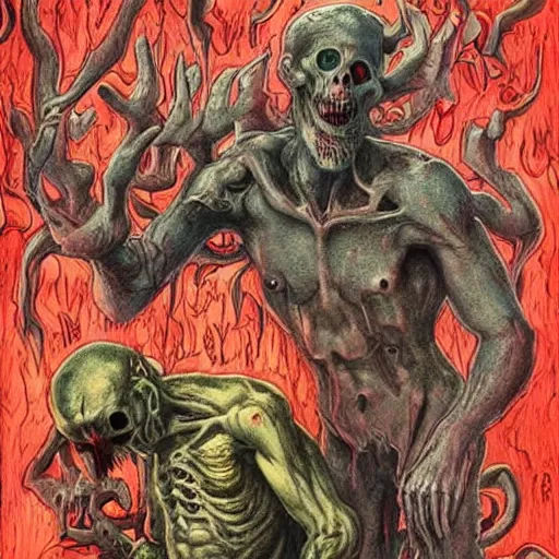 Prompt: sinners in hell read a book, scary art in color