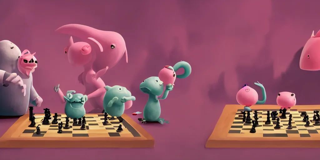 Image similar to cute cartoon monsters playing chess, still from a Wes Anderson film, cinematic, Goro Fujita, Chiho Aoshima, Beeple, trending on artstation, highly detailed, scene from a movie, soft lighting, 8k