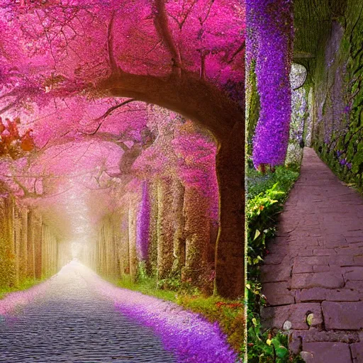 Prompt: epic floral Alley with trees on each side of the cobblestone road, floral dream spring, Alena Aenami, Petros Afshar, Noah Bradley, Thomas Kinkade, Phil Koch, Gilbert Williams, Mike Winkelmann, Beeple