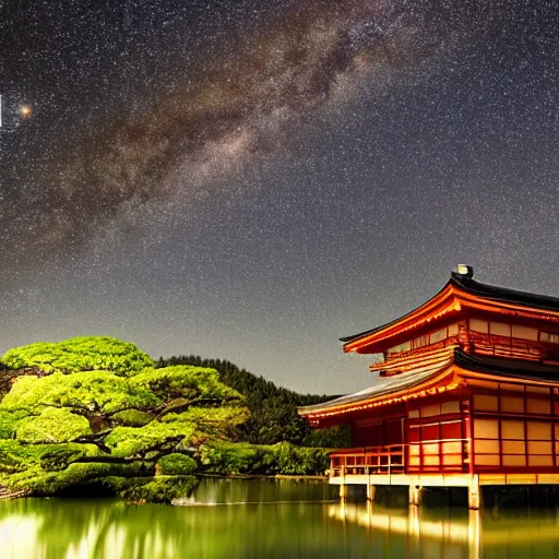 Prompt: A traditional japanese building underneath the milkyway at night both relfecting inside a lake