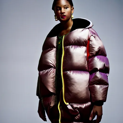 Image similar to realistic photoshooting for a new balenciaga lookbook, color film photography, portrait of a beautiful woman, model is wearing a multi layered puffer jacket, photo in style of tyler mitchell, 3 5 mm,