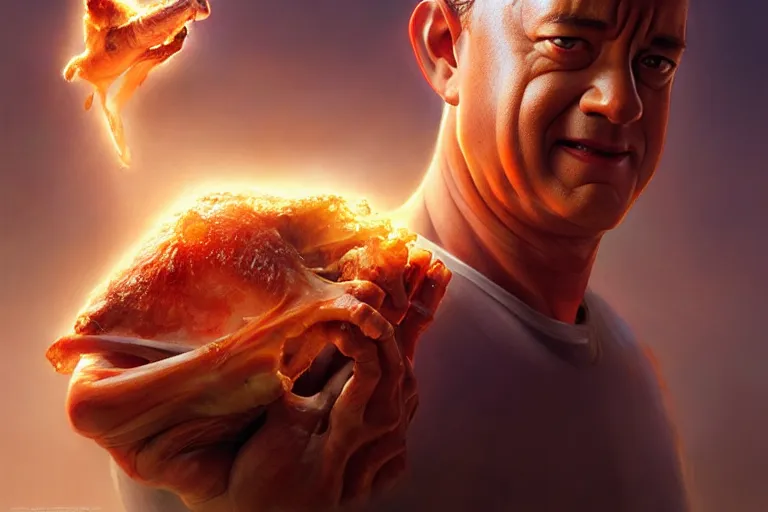 Image similar to tom hanks inside a lamb shank, hyper detailed, digital art, artstation, cinematic lighting, studio quality, smooth render, by artgerm, greg rutkowski, boris vallejo, craig mullins