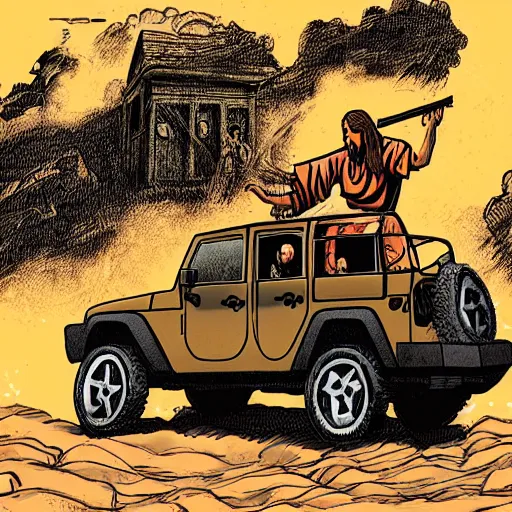 Image similar to jesus with a machine gun riding a jeep, explosions in the background