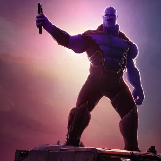 Image similar to portrait of Thanos standing on a tank in a post apocalyptic battlefield at sunrise, action pose, dramatic lighting, high contrast, cosmic horror, abstract, masterpiece, trending on ArtStation, by Moebius, blizzard concept artists, Greg Rutkovski and by Craig Mullins and by Ismail Inceoglu, backlight, rim lighting, god rays, lens flare, james cameron, cinematic, film still-H 704