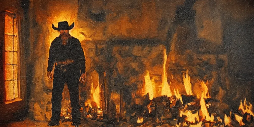 Prompt: in an old west cabin, close up shot a rugged cowboy standing at his fireplace, in the style of Fredrick Remington, oil painting