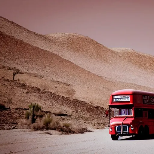 Image similar to photo of a red bus in desert, mad max fury road style