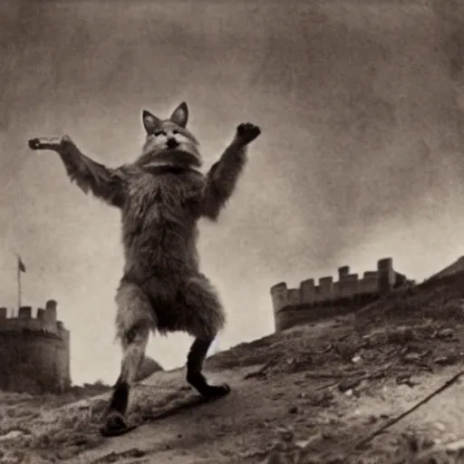 Image similar to anthropomorphic fox man fights in front of a castle while it begins to crumble, 1910s film scene