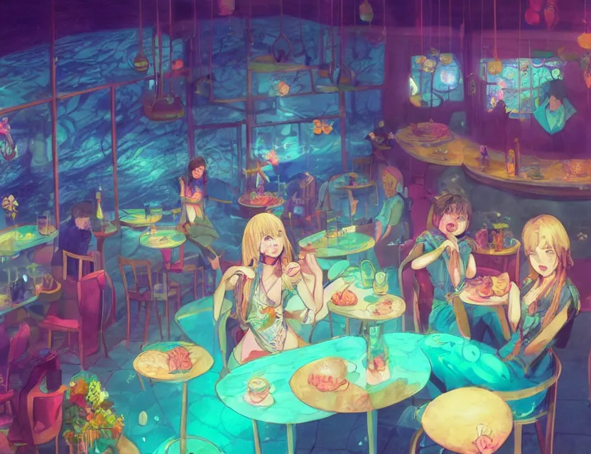 Image similar to mahoushoujo in an underwater cafe. complementary colors, gouache, indie concept art, bloom, chiaroscuro, backlighting, intricate details.