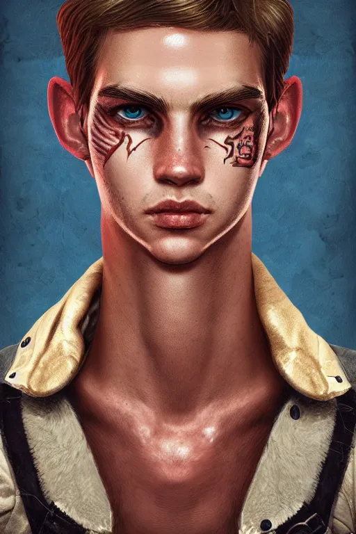 Image similar to portrait of beautiful young man, warhammer, a lot of scars, readhead, the future ages, highly detailed, artstation, illustration, art by tristan eaton, 8 k quality