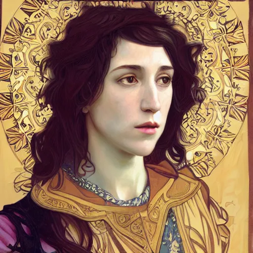 Image similar to portrait of charlotte gainsbourg as joan of arc, hyperreal digital painting, iconography influenced by alphonse mucha and eugene delacroix, arstation and deviantart trends, high resolution 8 k