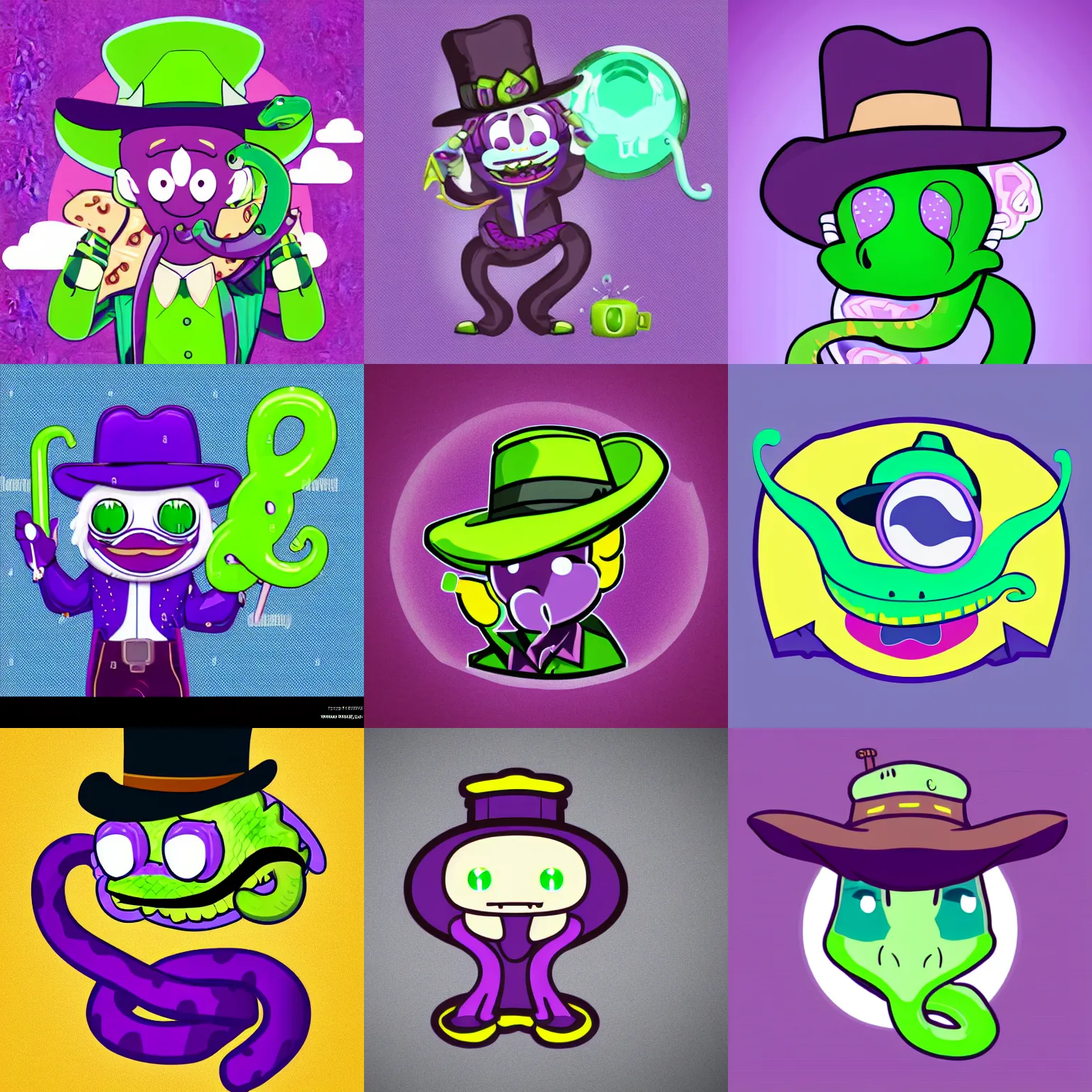 Prompt: UNCLE ALOYSIUS anthropomorphic purple green cowboy snake kawaii mascot logo, SIP TECH snake oil salesman on blank background